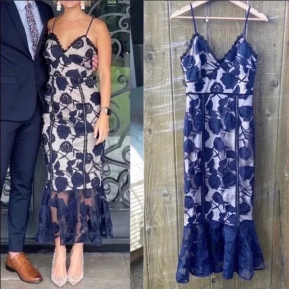 Navy Blue Floral Mesh Lace Trumpet Midi Dress | Womens | Small | 100% Polyester | Lulus Navy Blue Floral Mesh Lace Trumpet Midi Dress | Womens | Small | 100% Polyester | Lulus